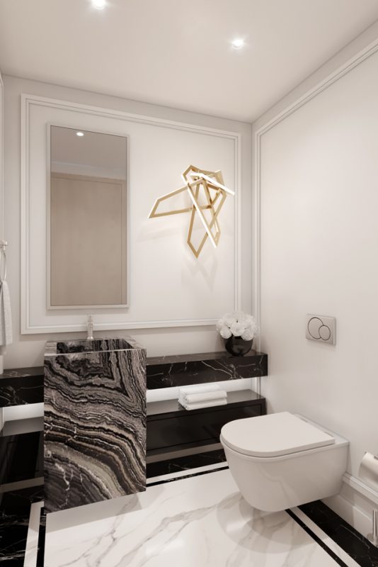 Modern Bathroom Interior - Textured marble sink & counter on black & white marble floor, & a gold lighting feature on wall