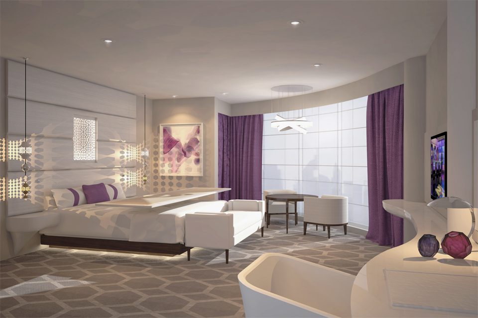 Hotel Interior Design - Hexagon carpet & light feature with mauve curtains, white contemporary furniture & padded wall panels