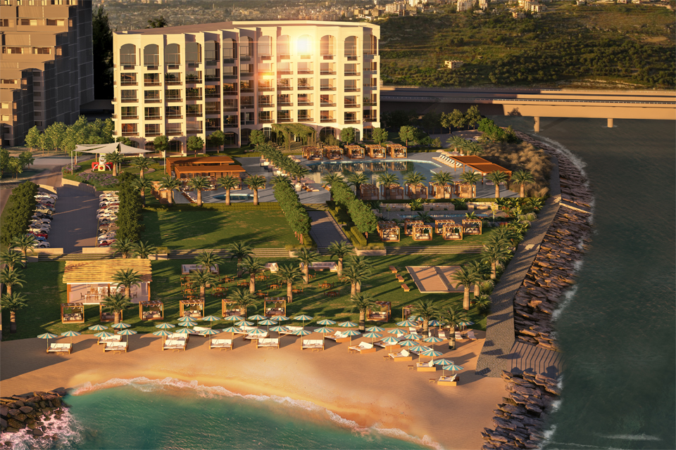 Hotel Design by Cecilia Clason Interiors - View of landscaping of hotel on beach with palm trees & beach umbrellas