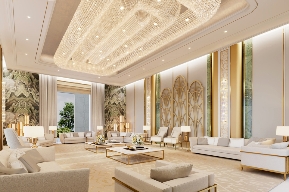 Luxury sofas & white topped coffee tables on large patterned rug with marble walls, gold wall decor & 3D lighting on ceiling