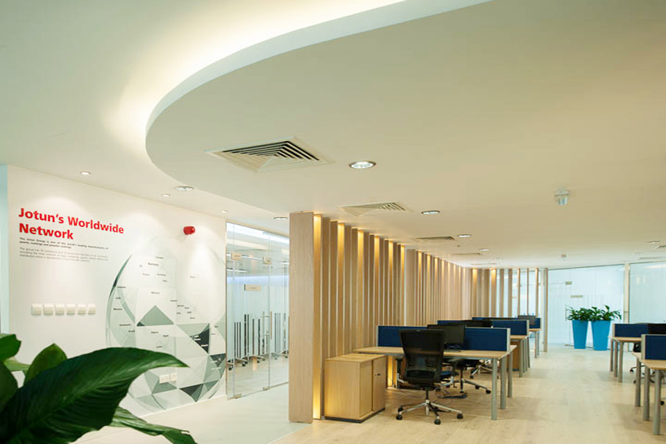 Office Design - Modern ceiling with light wooden Concertina room divider. Office chairs, wood top desks & blue desk dividers