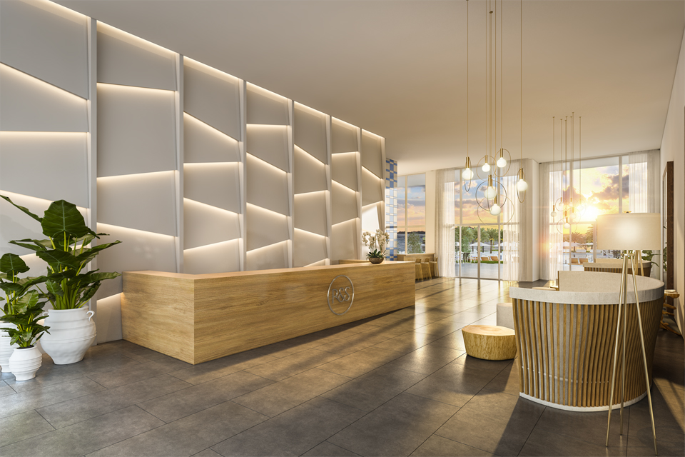 Hospitality Reception Area Design - Assorted wooden textured furniture on dark tiles with modern wall & hanging lighting