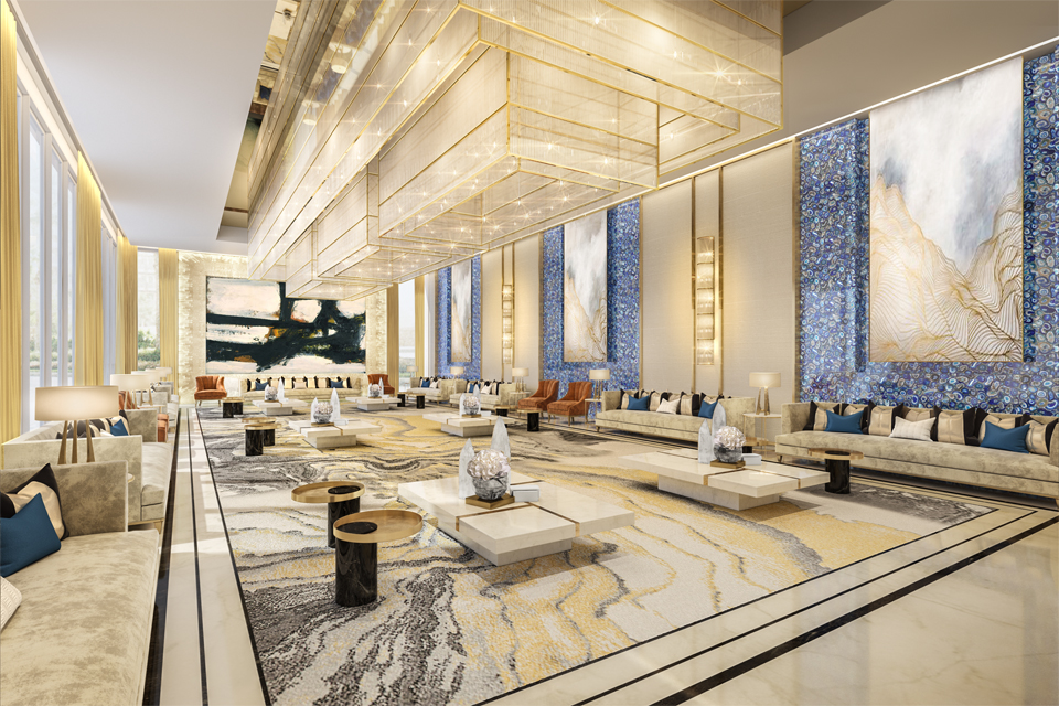 Majlis Design - Neutral golds and blues and luxury furniture on vivid carpet with blue Agate walls in semi-precious stone