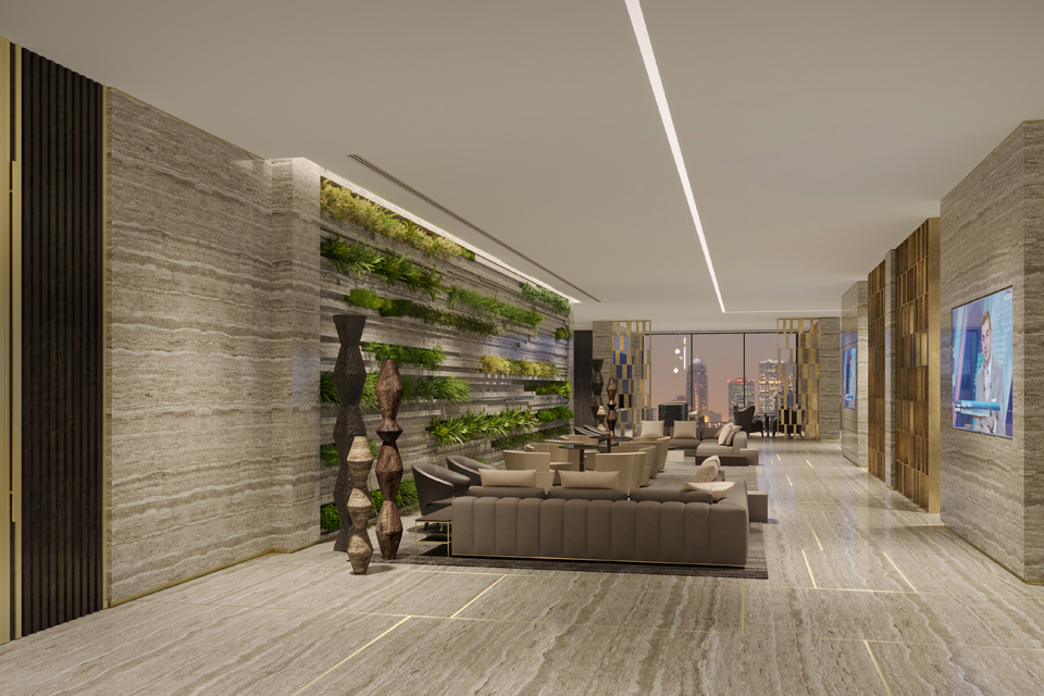 Marble walls with built in architectural green wall feature and marble floors, wooden shelving, modern pots and luxury sofas