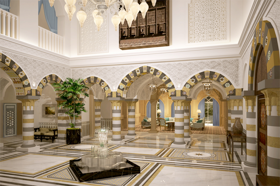 Interior Courtyard Design - Middle Eastern decor - Golden & grey striped pillars, patterned flooring & water feature