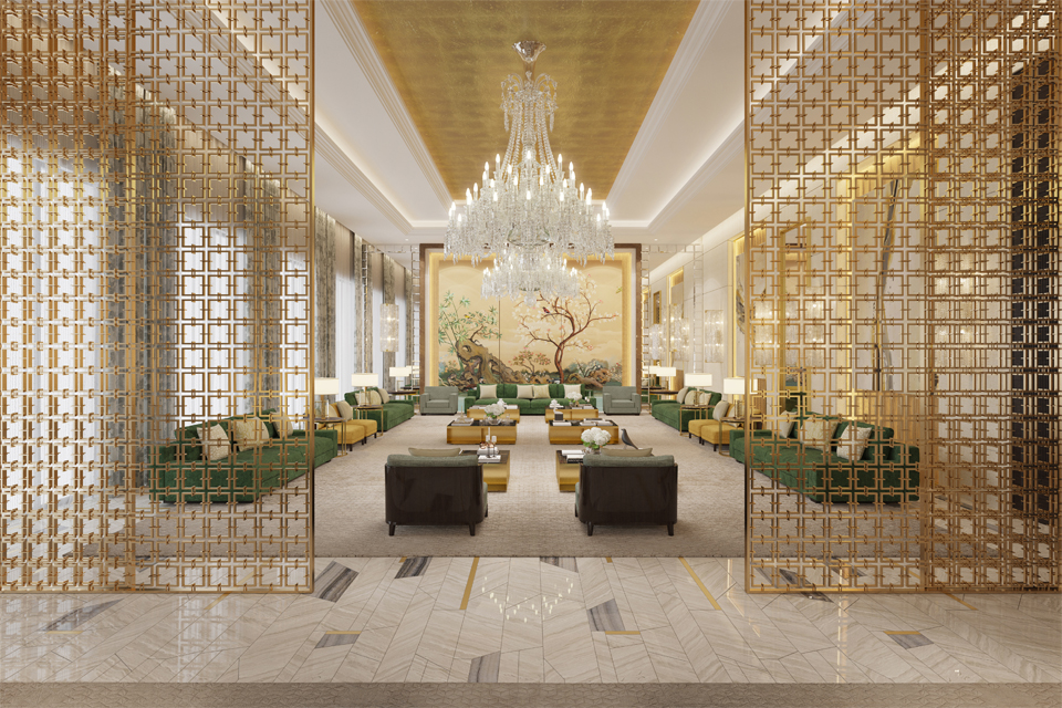 Majlis Design - Greenish marble surrounding, emerald green sofas & gold-sided tables with large mural & Victorian chandelier