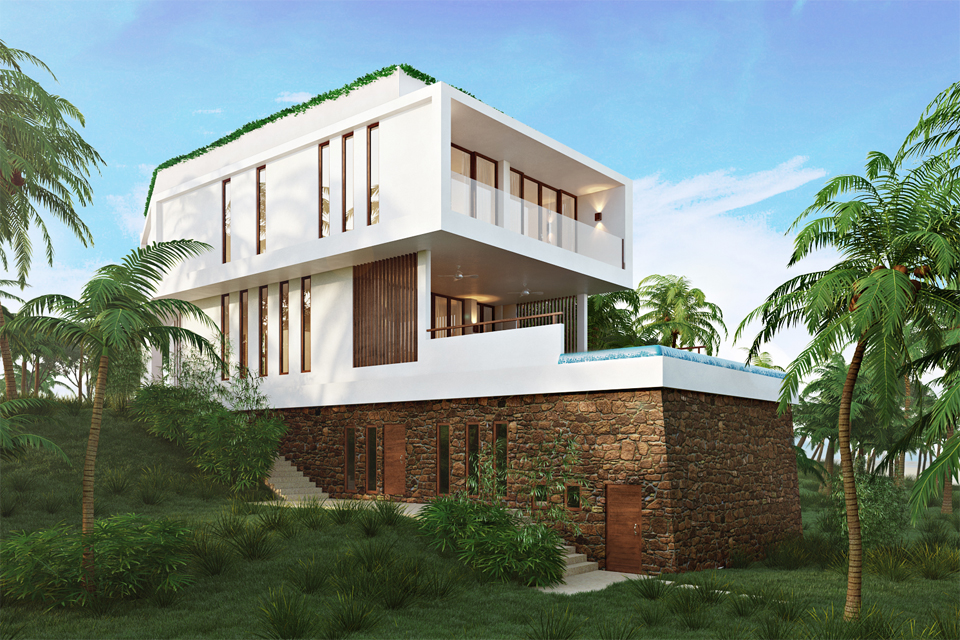 Modern Residential Home Design - Dark bricked base wall with narrow vertical windows & wooden slats