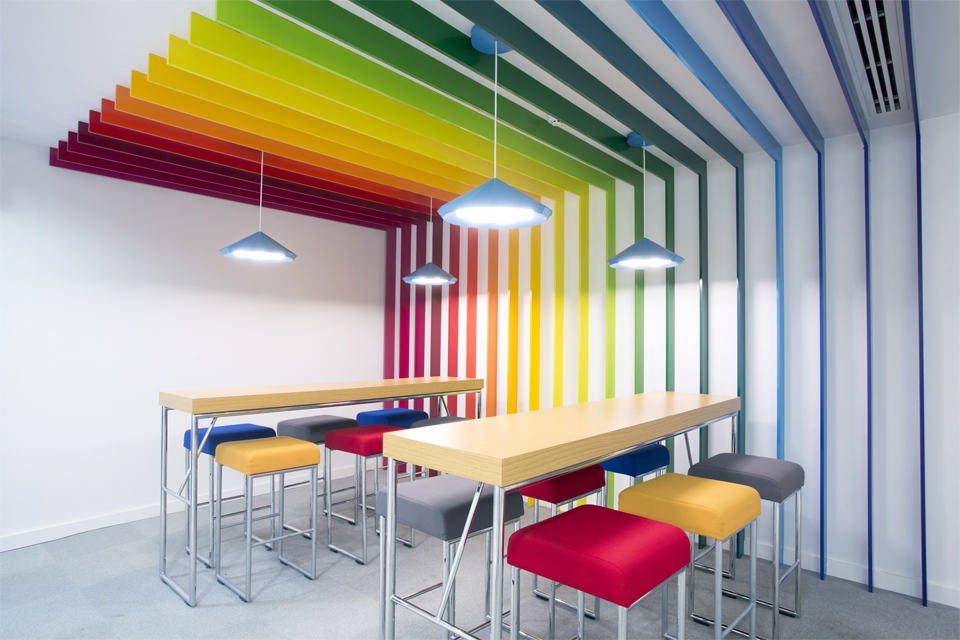 Office Cafeteria Design - Rainbow wall slats extending to roof, with colorful seating, wooden table tops & funky lighting