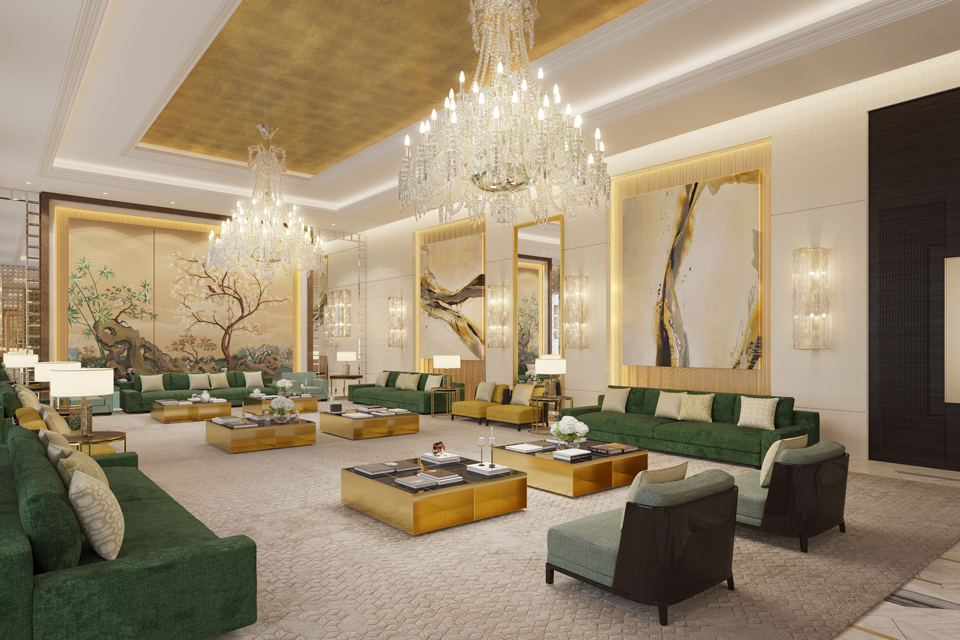 Majlis Design - Greenish marble surrounding, emerald green sofas & gold-sided tables with large murals & Victorian chandelier