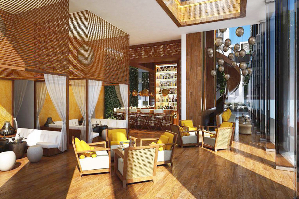 Bar & Lounge Design - Wooden floor with rattan furniture & ceiling features