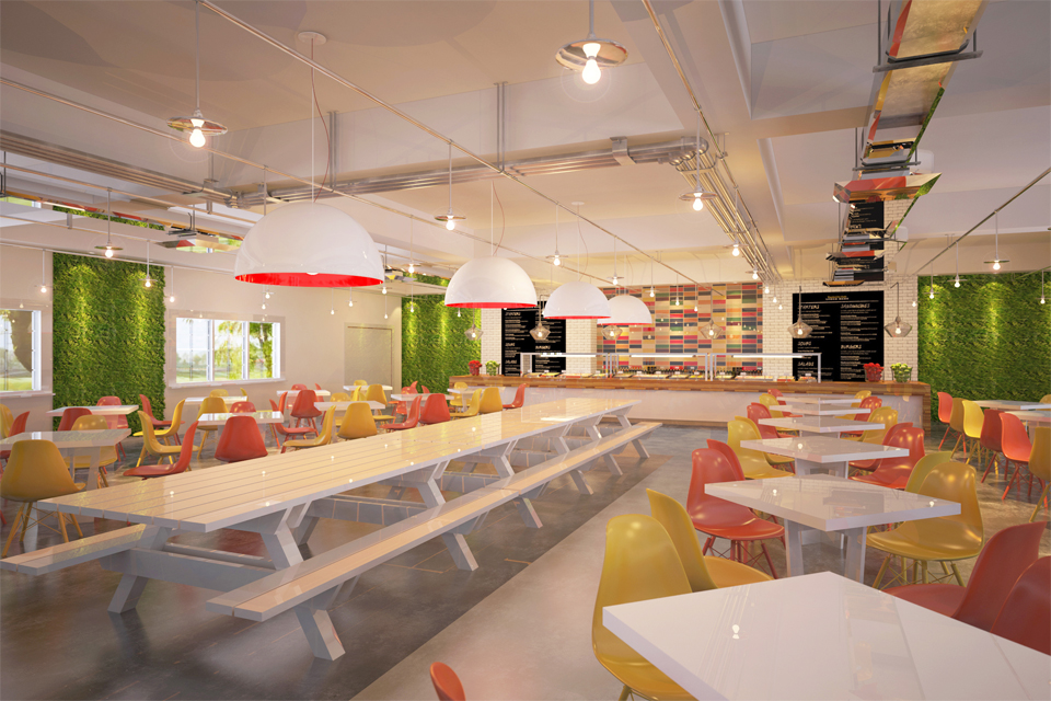 Office Cafeteria Design - Marble tables with red & yellow seating under industrial style lighting & modern wall features
