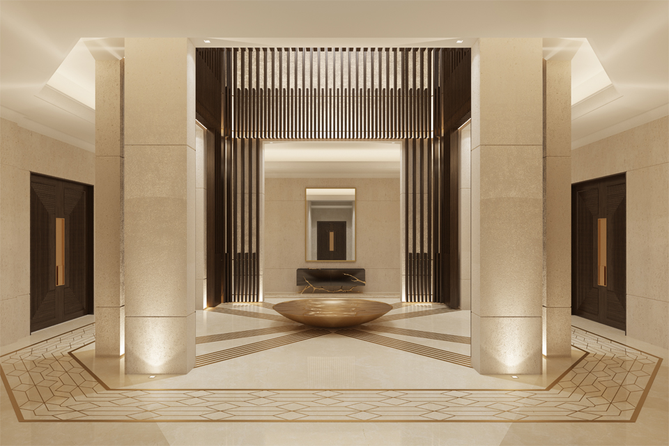 Internal Courtyard Design - Skylight above timber slats, a central brass water feature and brass inserts into polished limestone